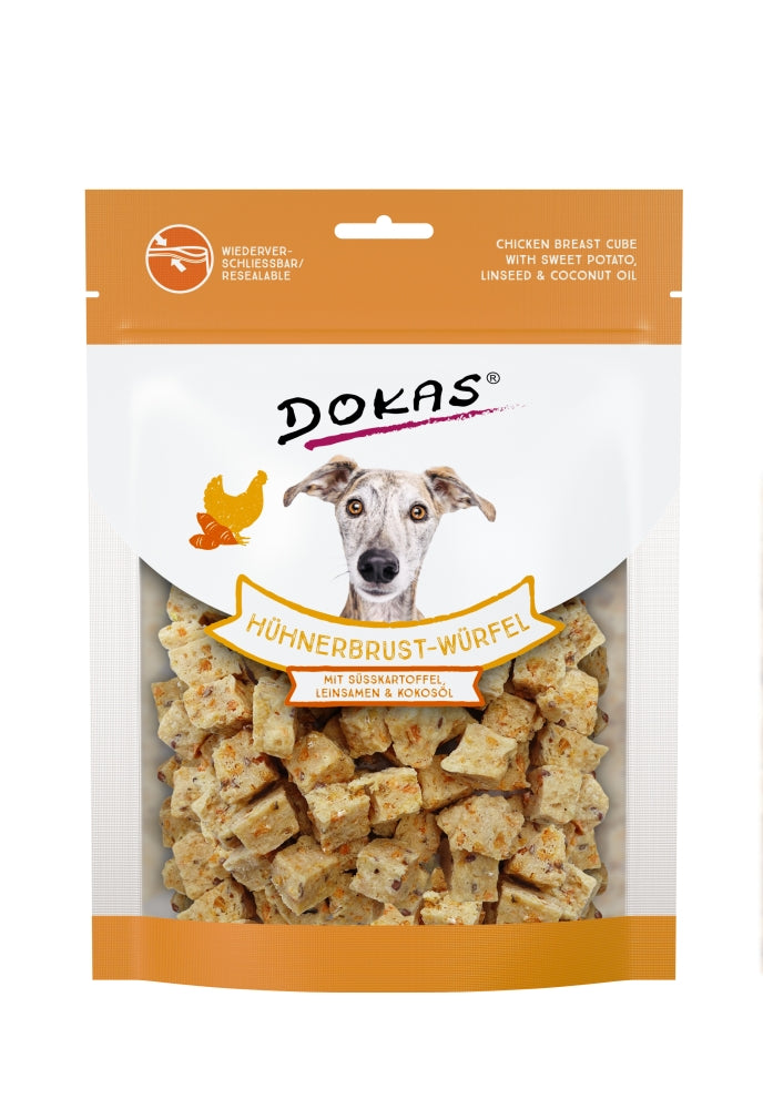 Dokas Dog Snack Hühnerbrust-Würfel mit Süsskartoffel, Leinsamen 150g Hundefutter
